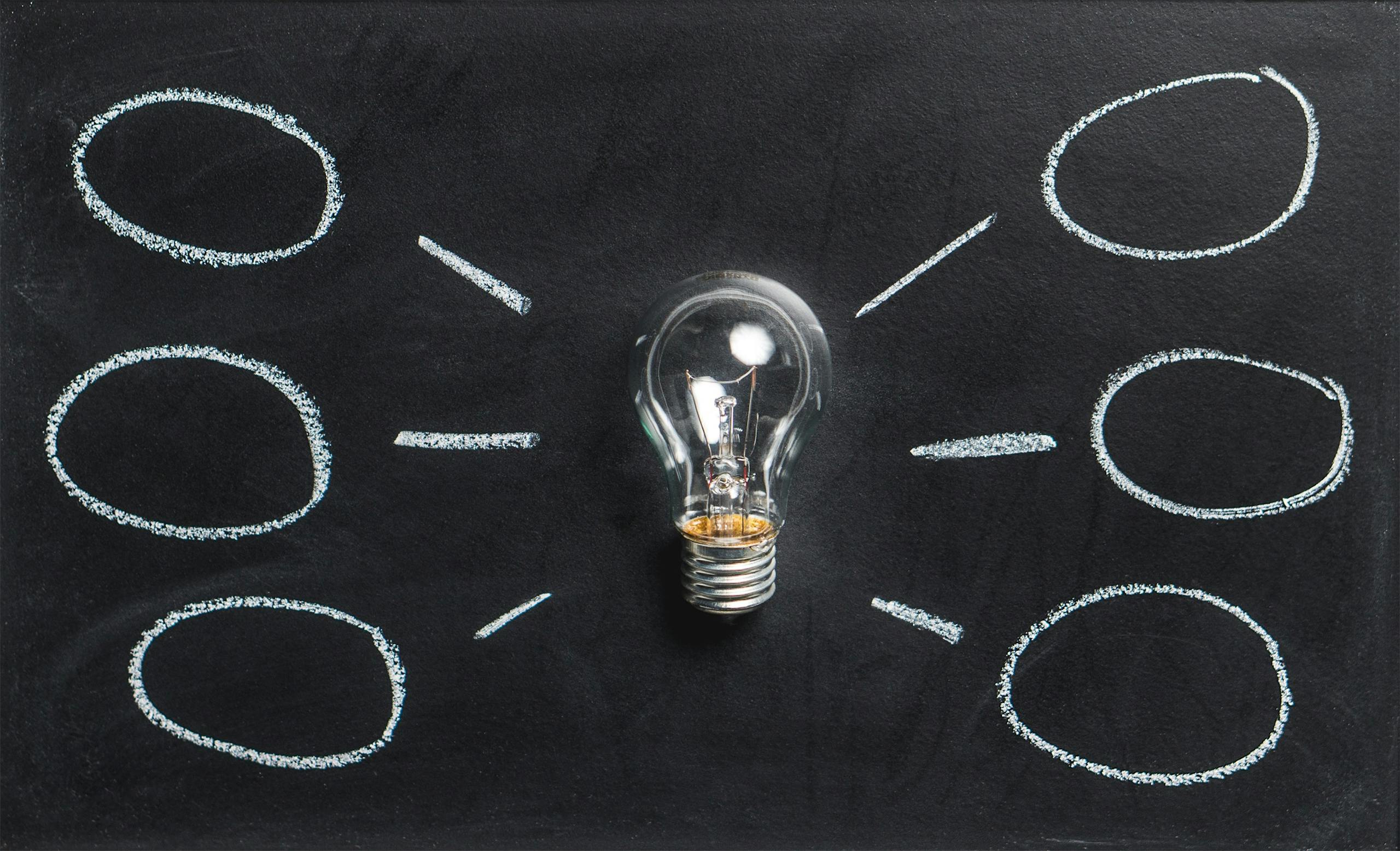 A lightbulb on a chalkboard symbolizes creativity, innovation, and ideas.